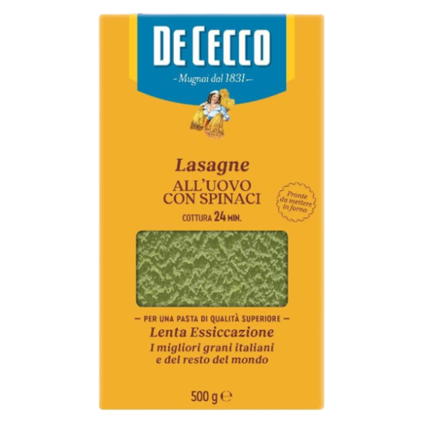 De Cecco lasagne noodles packaging with spinach on a white background