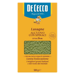 De Cecco lasagne noodles packaging with spinach on a white background