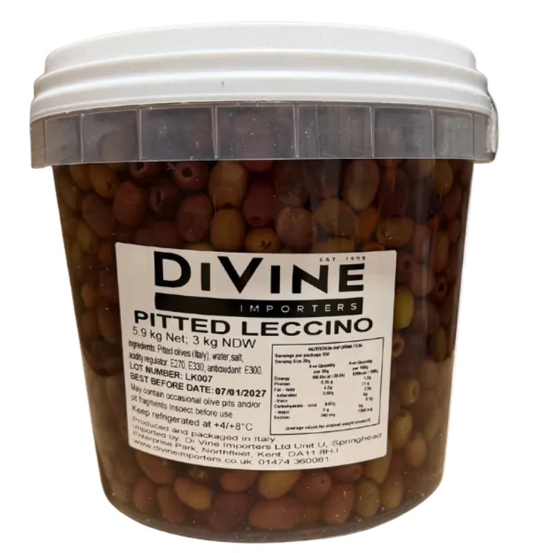 Container of pitted leccino olives with a 