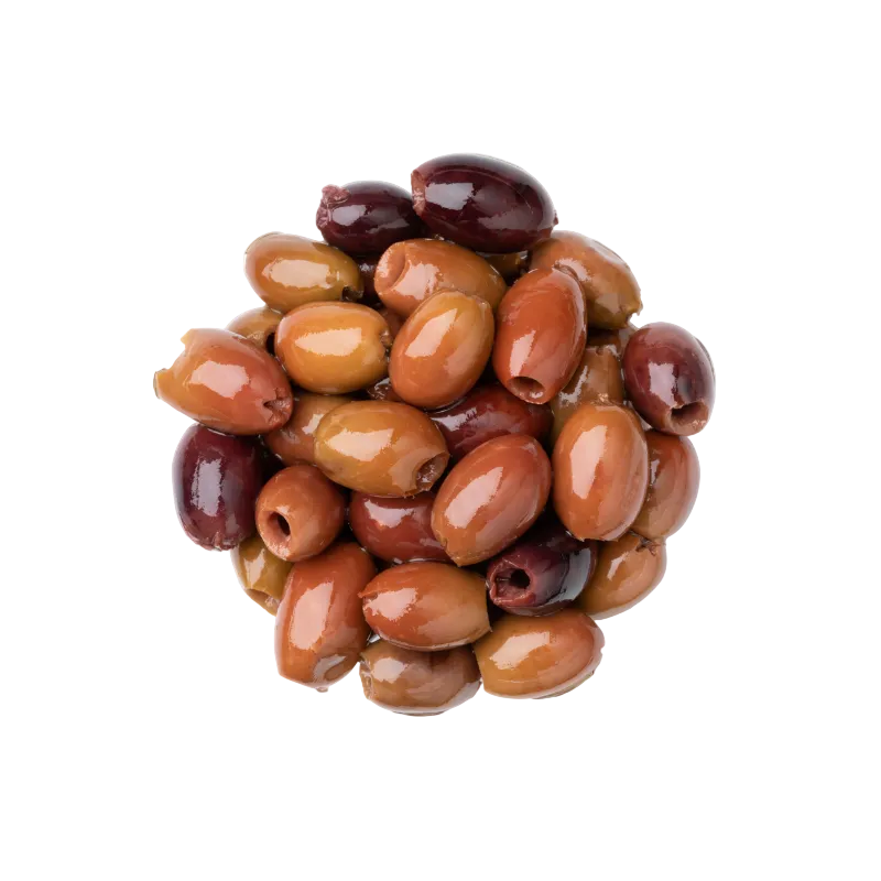 Glass bowl filled with assorted olives on a white background