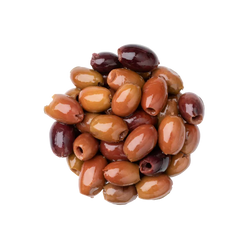 Glass bowl filled with assorted olives on a white background
