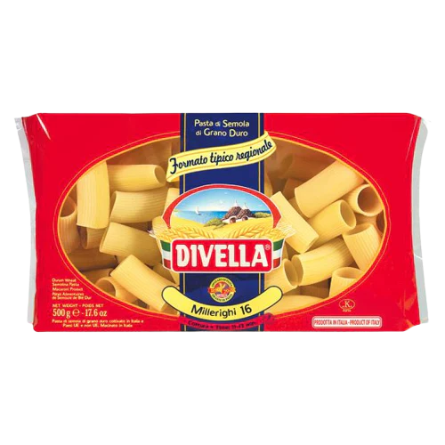Divella pasta package with red background