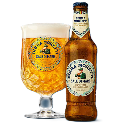 Sierra Morena beer bottle and glass with a white background
