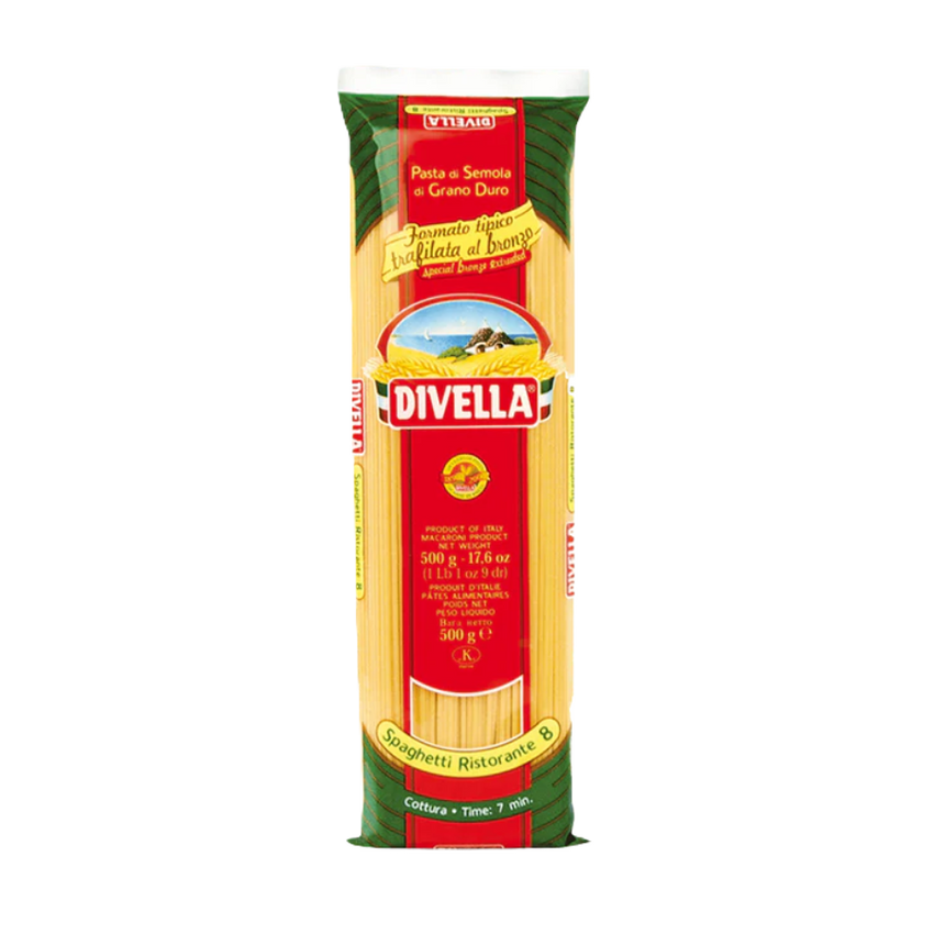 Divella spaghetti pasta package on a white background